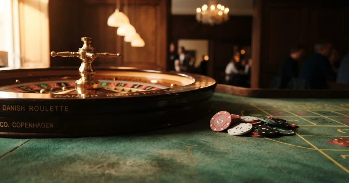Roulettehjul og spillemærker på grønt filt i varmt aftenlys — 10 kroner casino i danmark