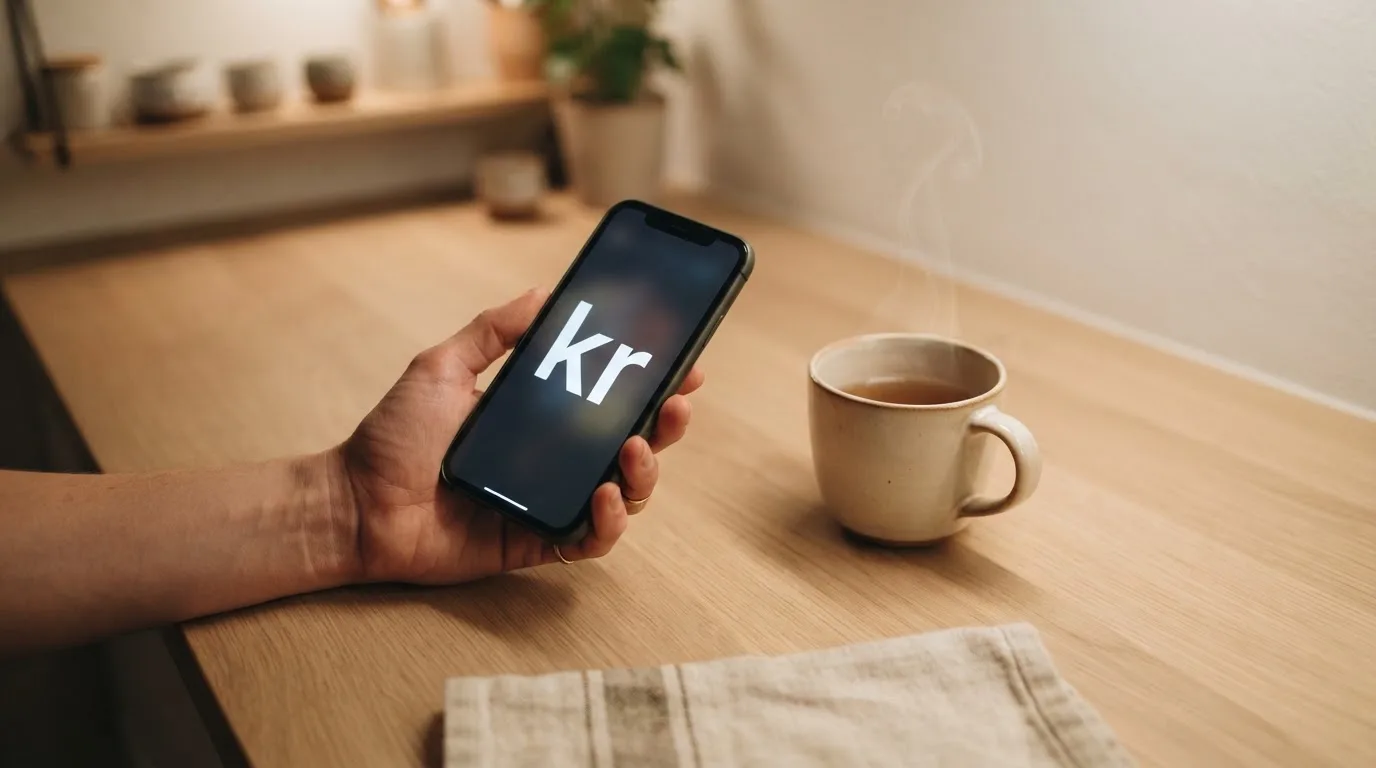 Hånd holder en mobiltelefon ved siden af en kop te ved et køkkenbord en rolig aften — 10 kroner casino i danmark
