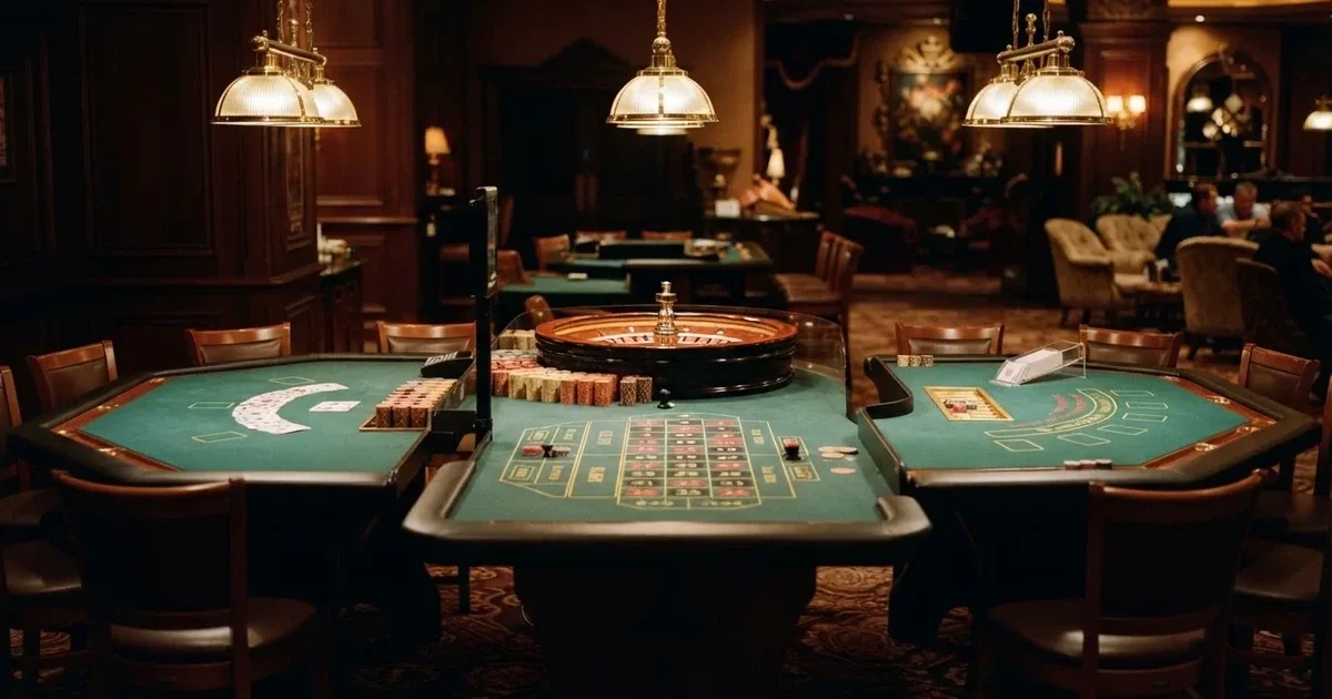 Tre forskellige spilleborde side om side i en rolig, varmt oplyst spillesal — anmeldelser af casinoer