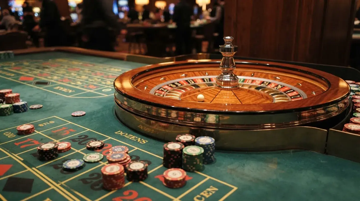 Roulettehjul og spillemærker på grønt filt i varmt aftenlys — anmeldelser af casinoer