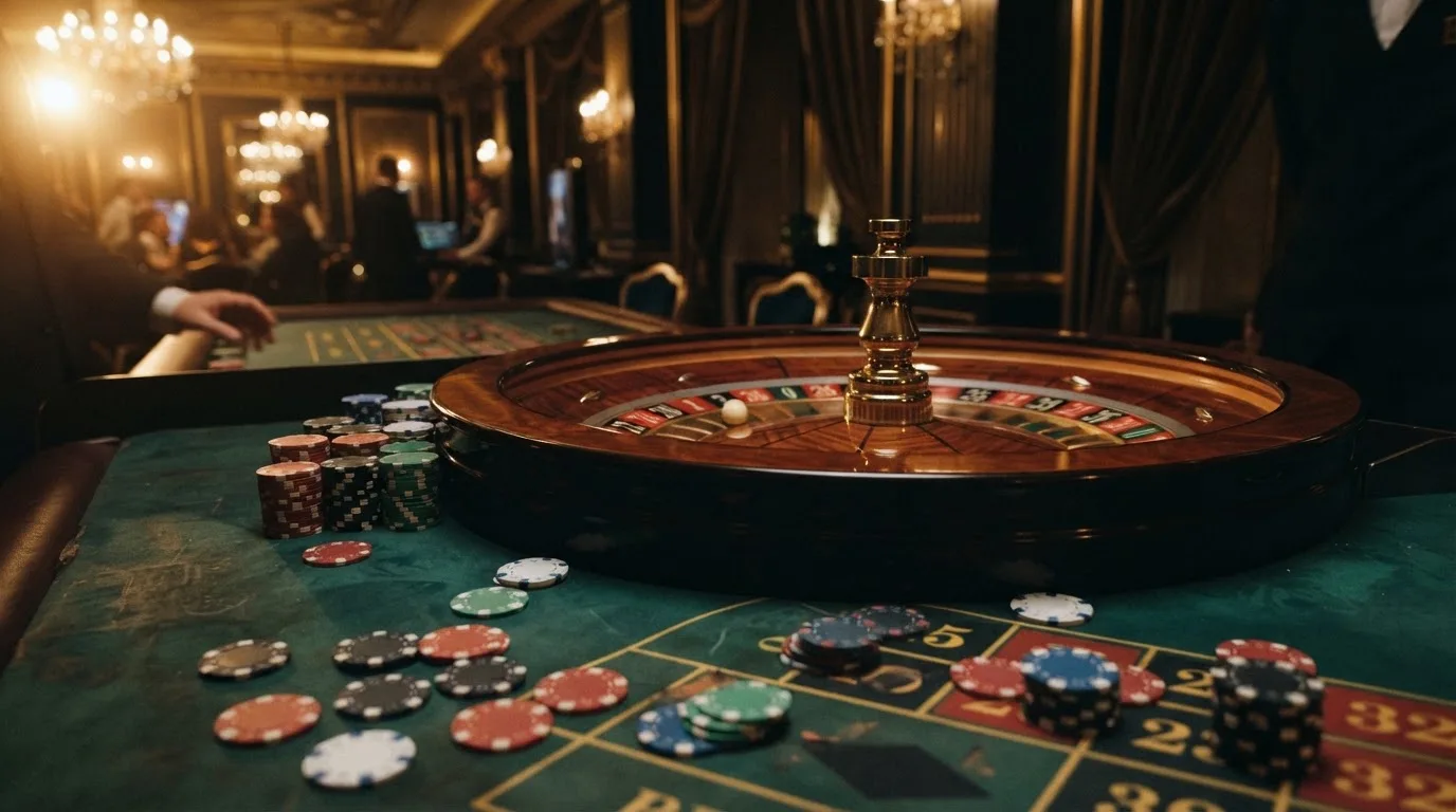 Roulettehjul og spillemærker på grønt filt i varmt aftenlys — bedste blackjack casinoer