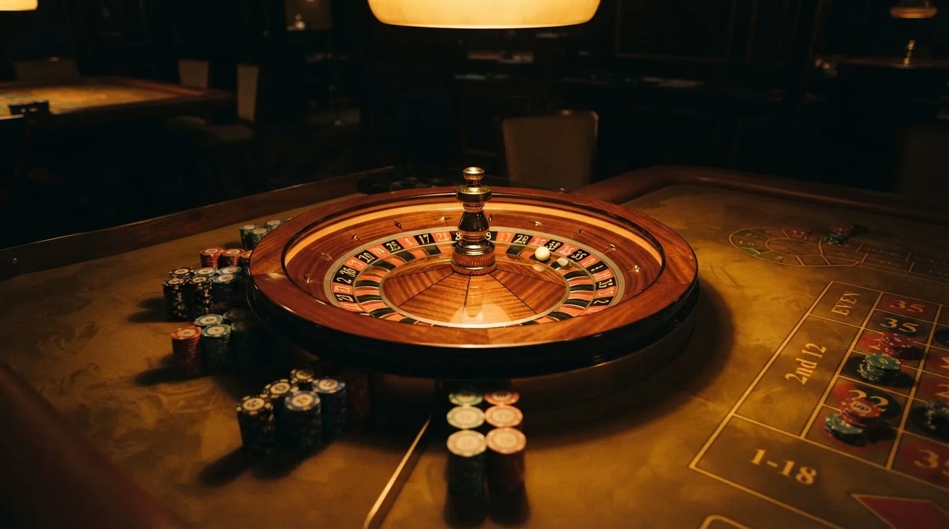 Roulettehjul og spillemærker på grønt filt i varmt aftenlys — bedste blackjack i danmark