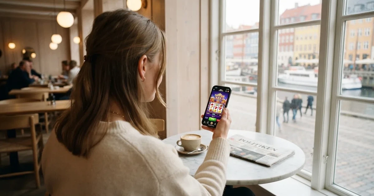 En ung kvinde sidder på en café i København og holder en smartphone i hånden, mens hun kigger op og smiler i dagslys.