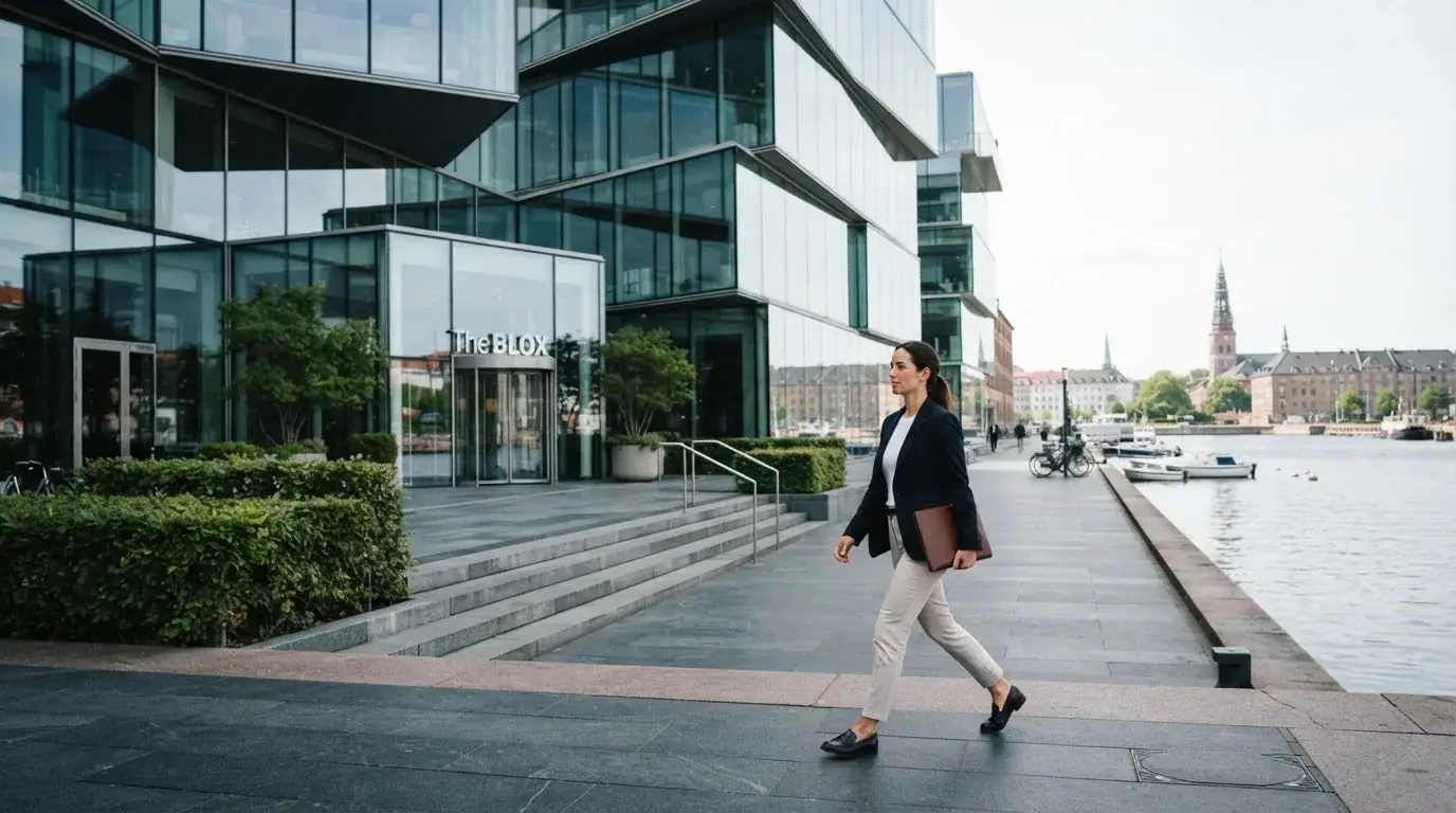 En moderne kontorbygning med glasfacade ved Københavns havn i klart dagslys, med en medarbejder i blazer, der går forbi.