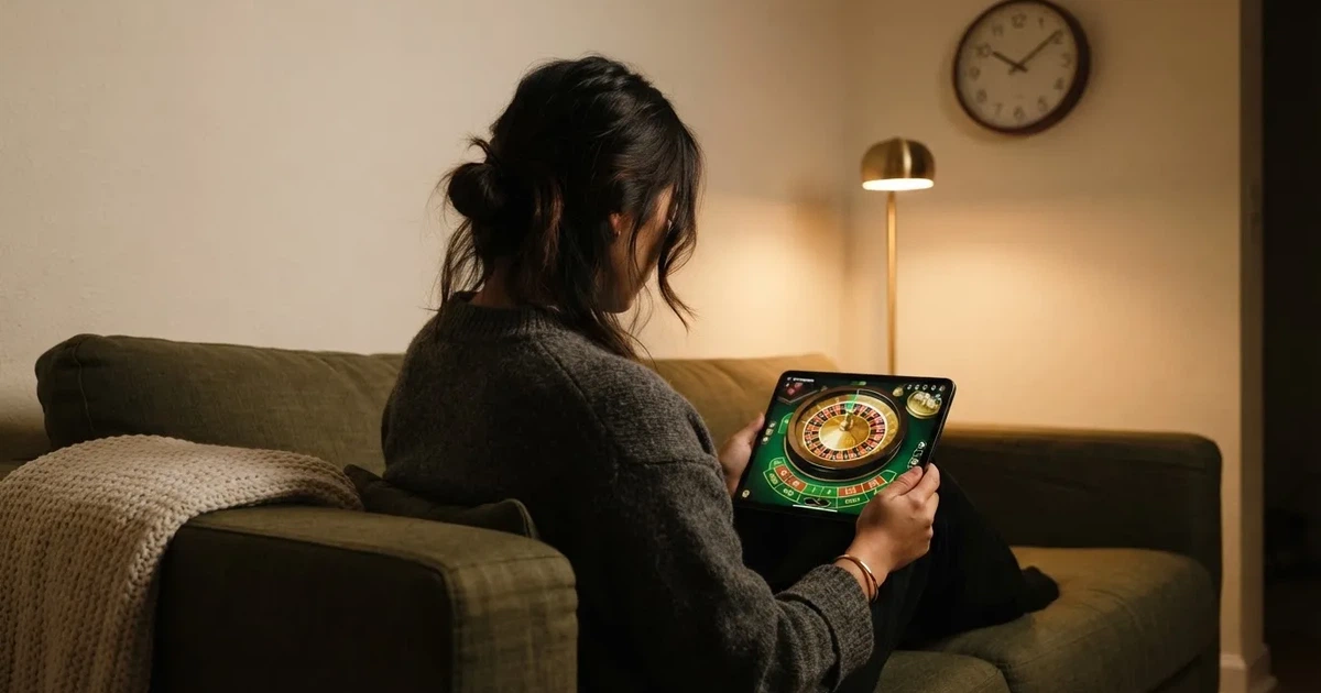 Person i en sofa ser eftertænksomt på en tablet, et ur på væggen bagved — bedste danske casino bonusser