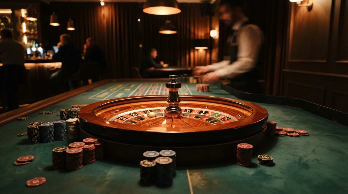Roulettehjul og spillemærker på grønt filt i varmt aftenlys — bedste danske casino bonusser