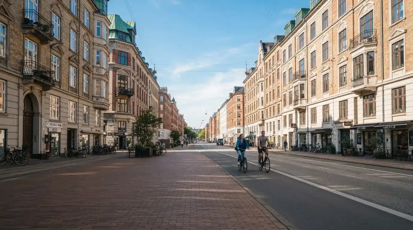 Københavnsk gade med klassiske bygninger og cyklister i klart vejr, set fra fortovet.