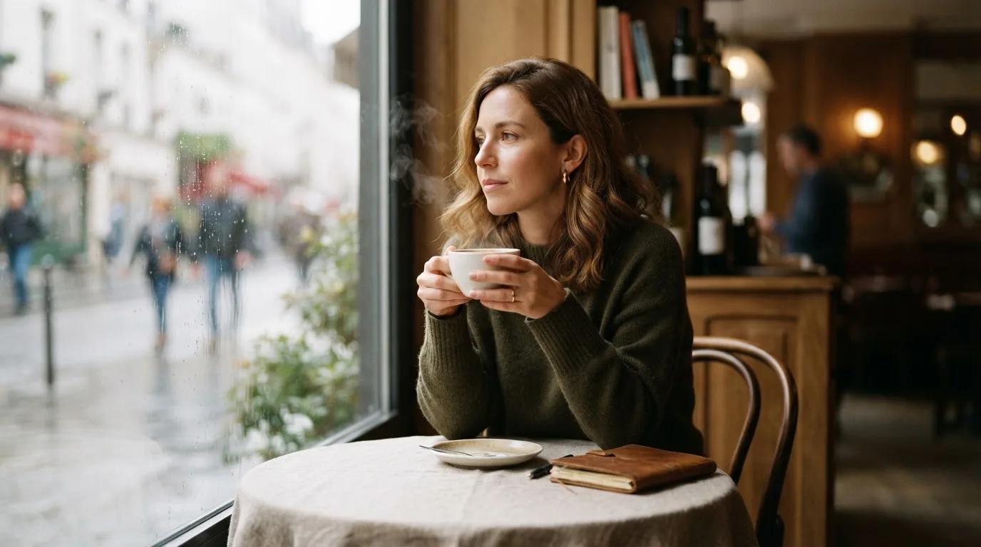 Kvinde sidder på en café med en kop te og kigger tænksomt ud ad vinduet i blødt dagslys.