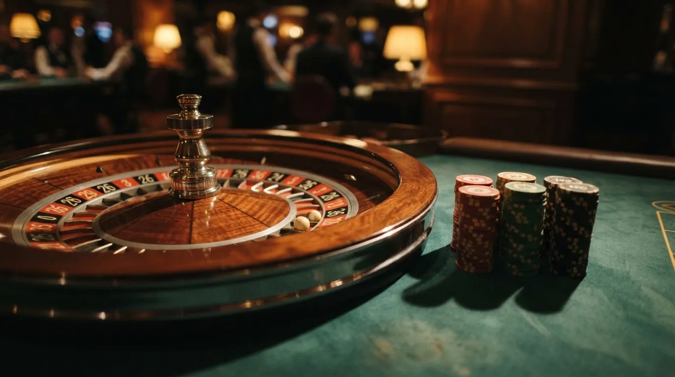Roulettehjul og spillemærker på grønt filt i varmt aftenlys — bedste roulette casinoer