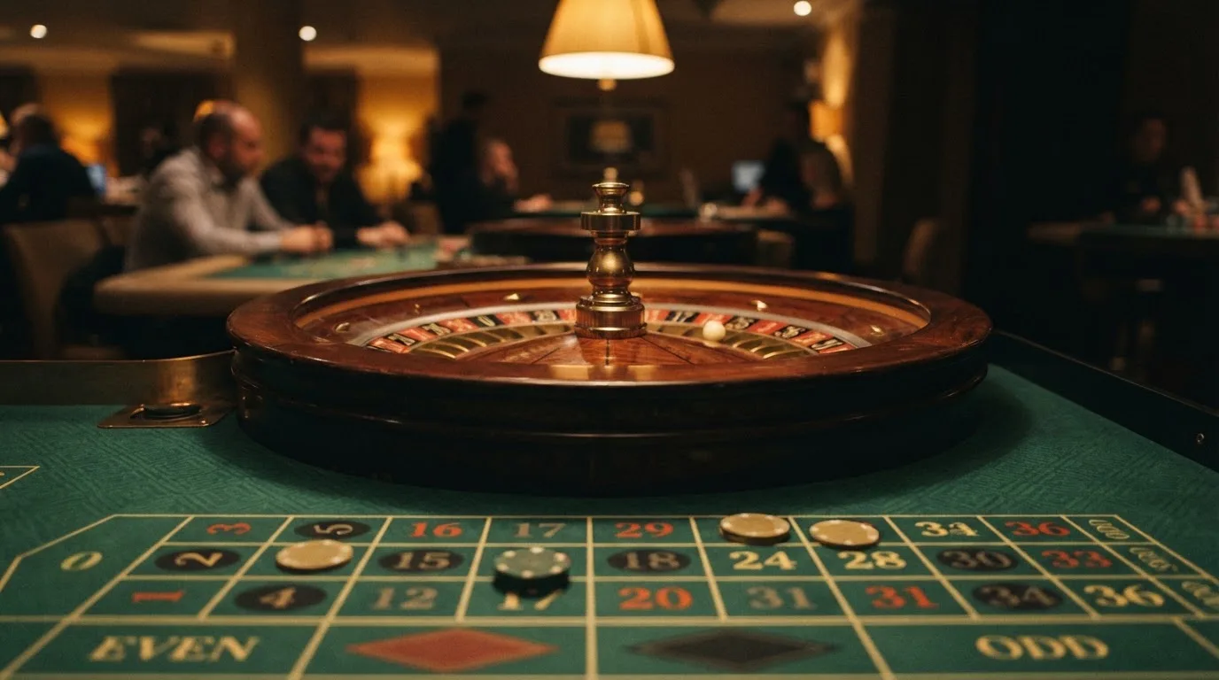 Roulettehjul og spillemærker på grønt filt i varmt aftenlys — bedste slots casinoer
