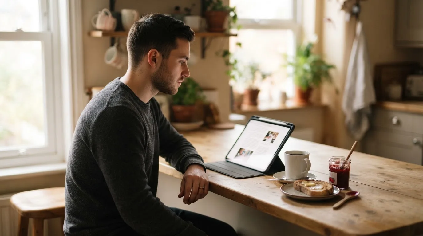 En ung mand sidder ved køkkenbordet med en tablet og en kop kaffe, set fra siden i blødt morgenlys.