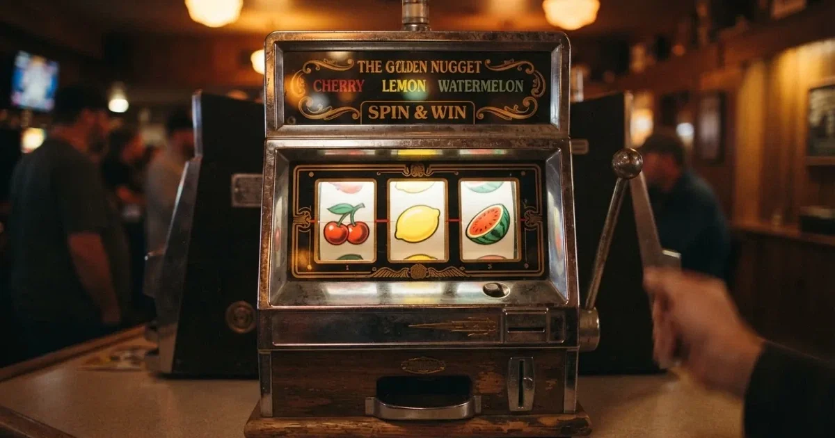 Nærbillede af tre roterende hjul med farverige frugtsymboler på en klassisk spilleautomat i et dæmpet, varmt oplyst spillelokale.