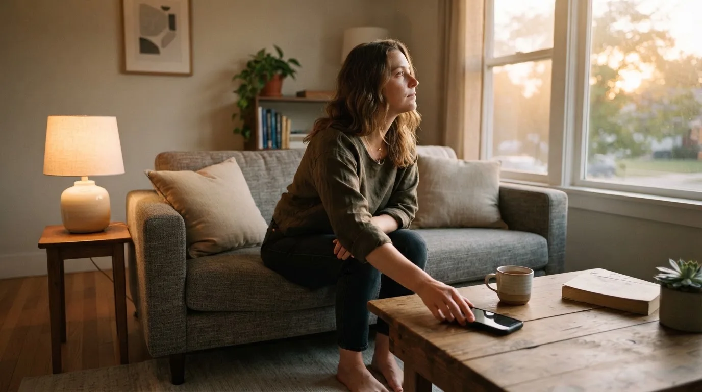 En kvinde i en sofa lægger sin telefon fra sig på sofabordet og ser ud ad vinduet, mens aftenlyset falder ind i stuen.