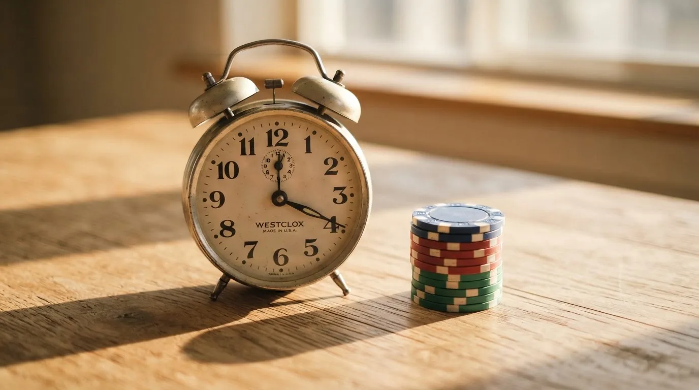 Et analogt vækkeur og en lille stak mønter står ved siden af hinanden på et træbord i blødt eftermiddagslys.