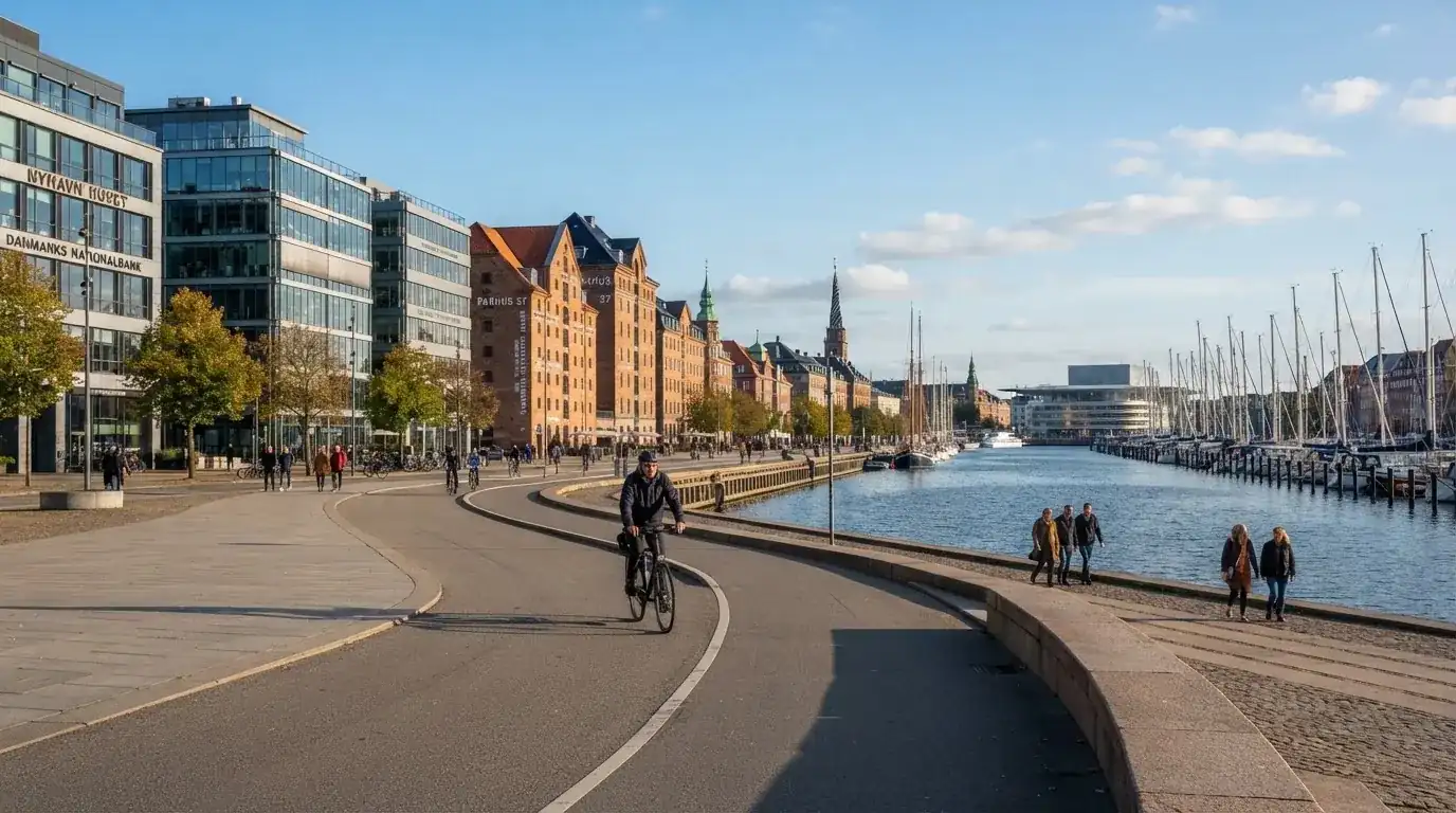 Udendørs foto af Københavns havnepromenade med en cyklist og kontorbygninger i baggrunden på en klar efterårsdag.