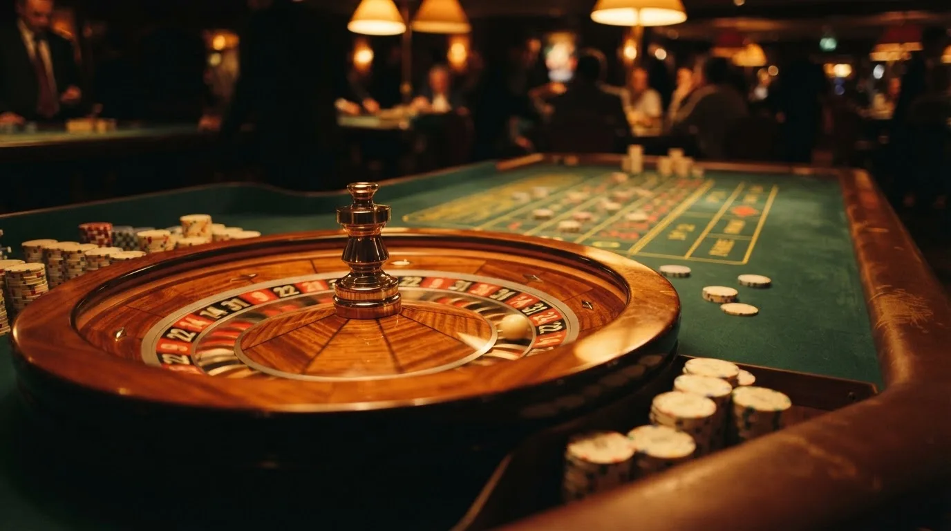 Roulettehjul og spillemærker på grønt filt i varmt aftenlys — casino bonus til eksisterende kunder