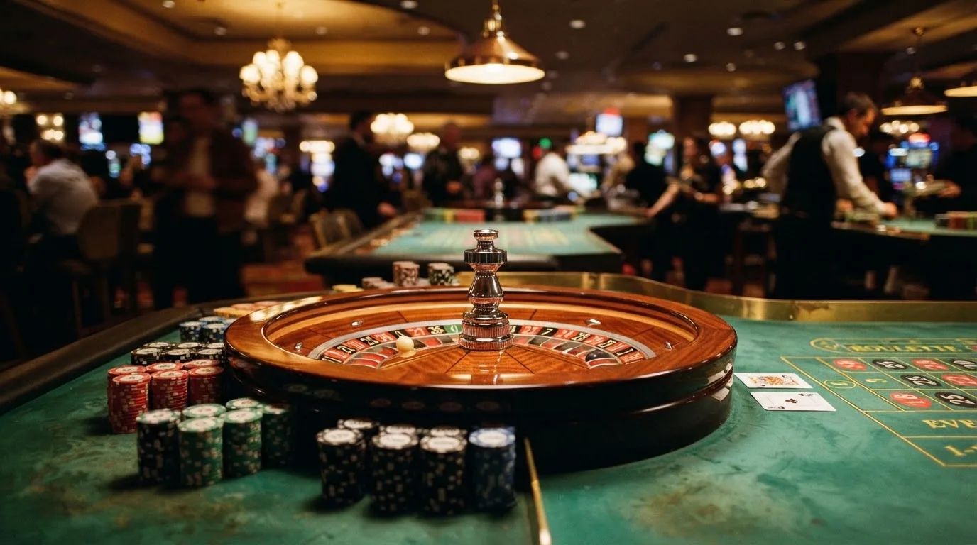 Roulettehjul og spillemærker på grønt filt i varmt aftenlys — casino bonus uden indskud dk