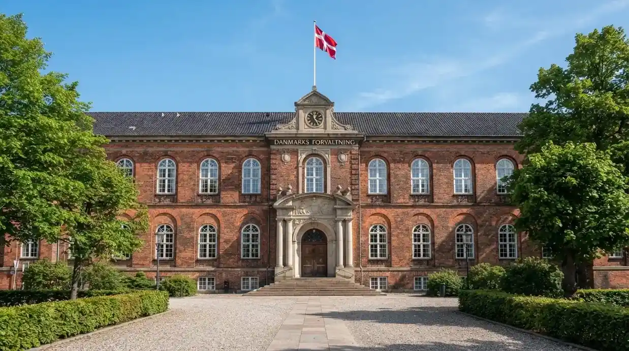 Facade af en klassisk dansk administrationsbygning i røde mursten med flagstang under blå himmel, uden personer.