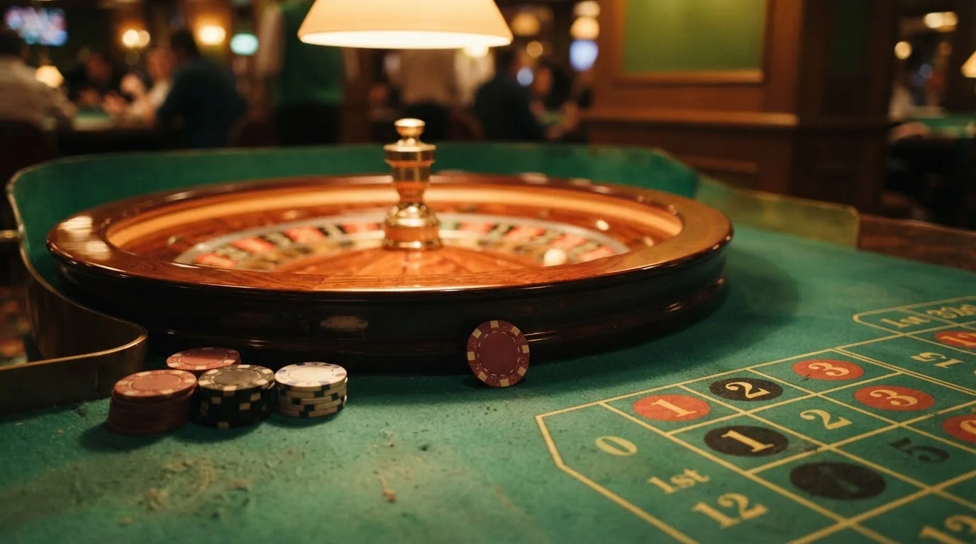 Roulettehjul og spillemærker på grønt filt i varmt aftenlys — casino med cardano i danmark
