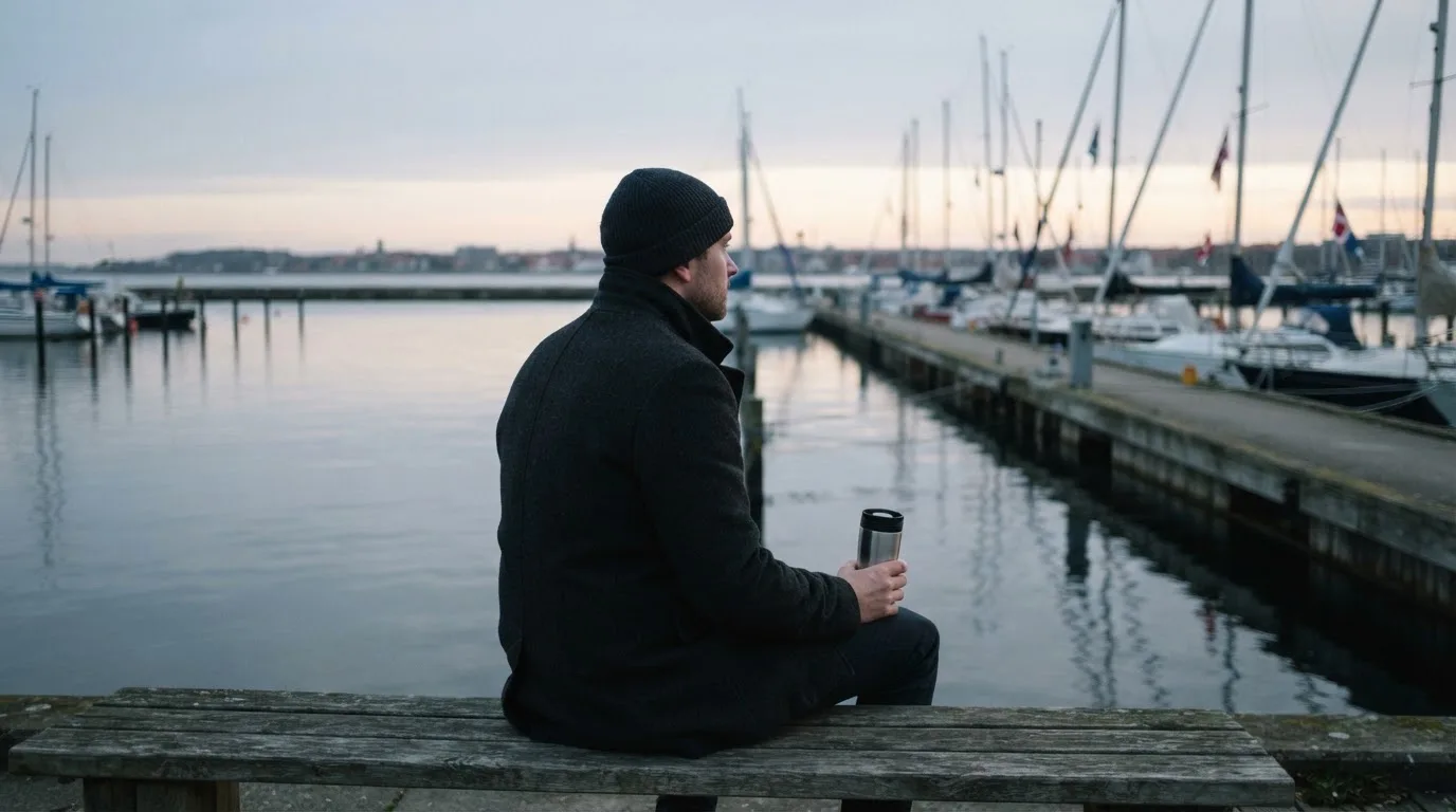 En mand sidder på en bænk ved havnen en tidlig morgen og ser ud over vandet med en termokop i hånden.