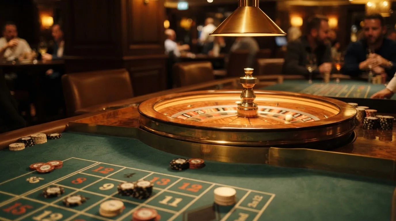 Roulettehjul og spillemærker på grønt filt i varmt aftenlys — casino med dogecoin i danmark