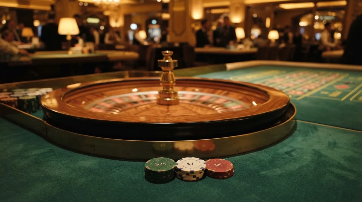 Roulettehjul og spillemærker på grønt filt i varmt aftenlys — casino med högst rtp