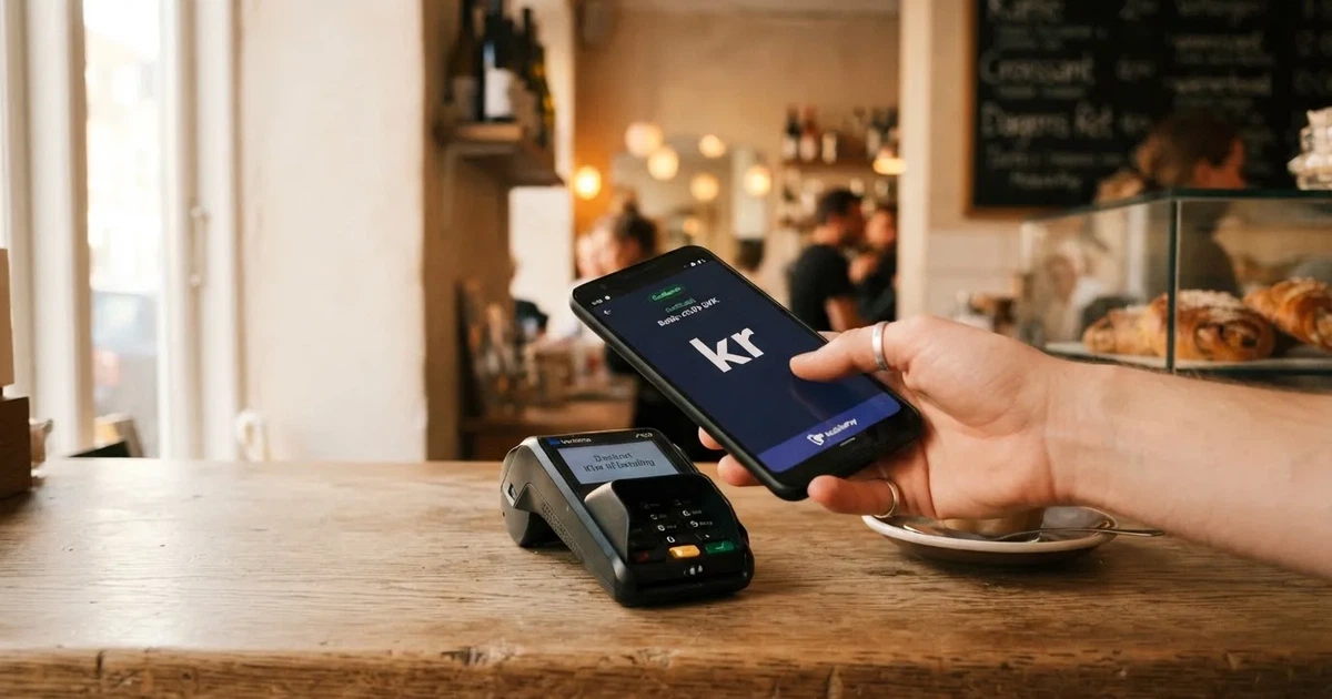 Kunde betaler med kontaktløst kort ved en kortterminal i en lille café, set fra siden, uden synlige tal.