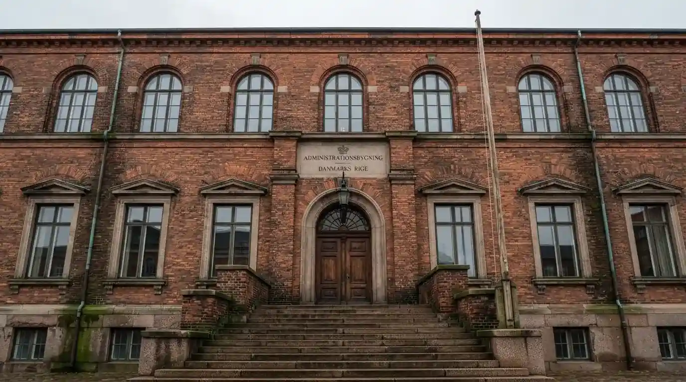 Facade af en gammel administrationsbygning i røde mursten med høje vinduer under skyet himmel, uden personer.