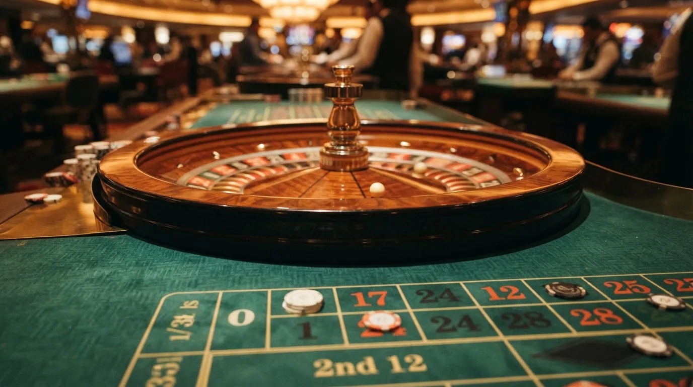 Roulettehjul og spillemærker på grønt filt i varmt aftenlys — casino med jackpot i danmark