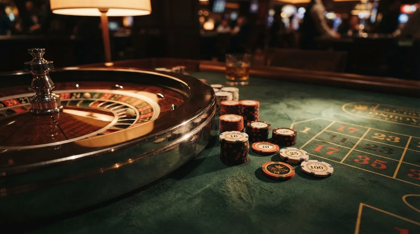 Roulettehjul og spillemærker på grønt filt i varmt aftenlys — casino på mobilen i danmark