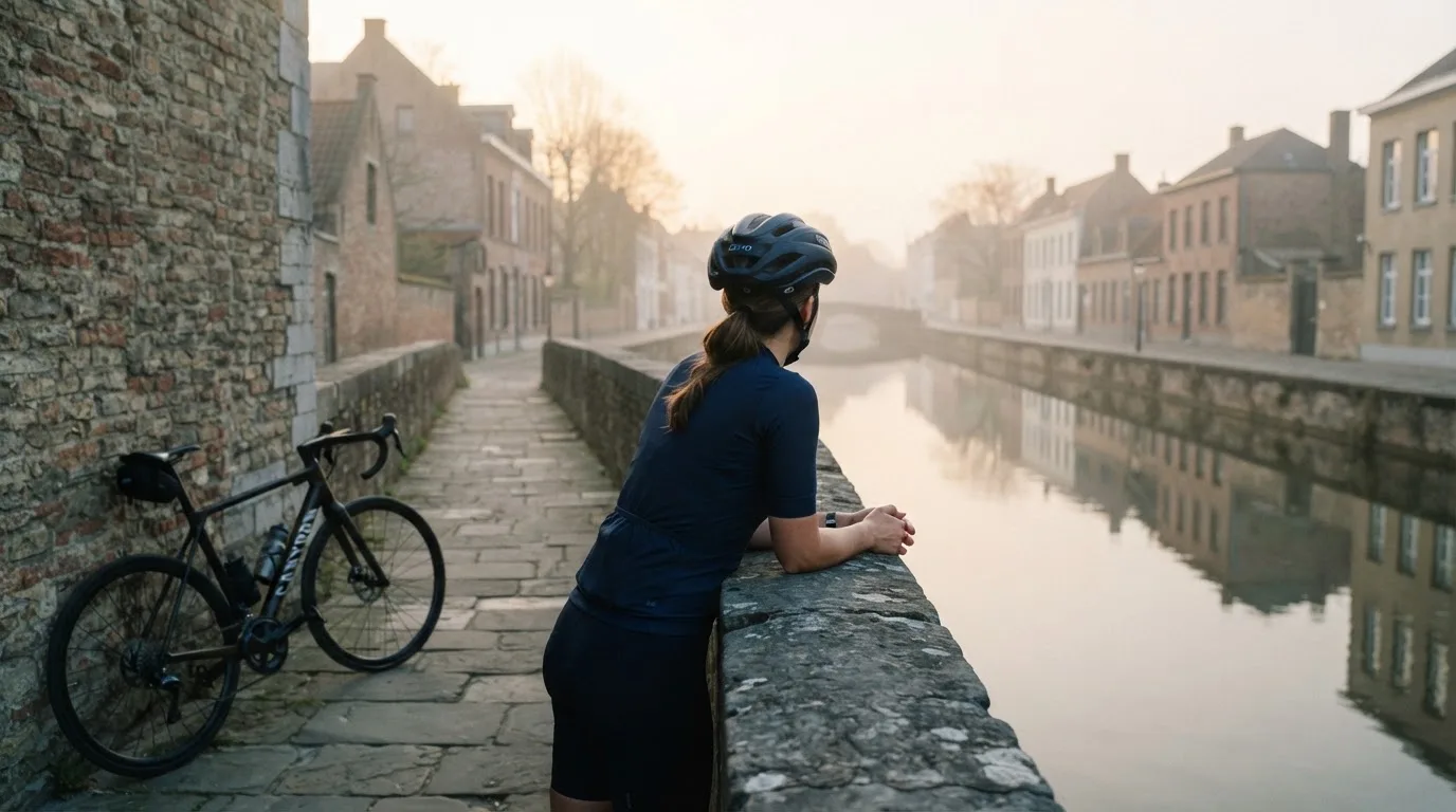 Kvinde i cykelhjelm holder pause ved en bro over en kanal og ser ud over vandet i morgenlys.