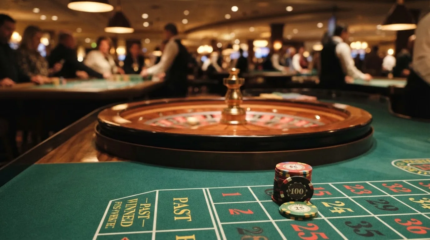 Roulettehjul og spillemærker på grønt filt i varmt aftenlys — casino uden dansk licens