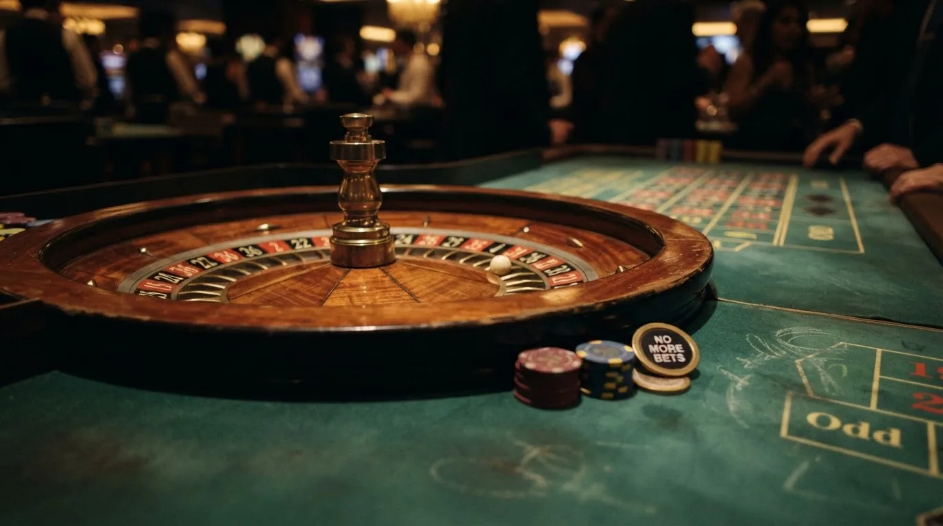Roulettehjul og spillemærker på grønt filt i varmt aftenlys — dansk live roulette