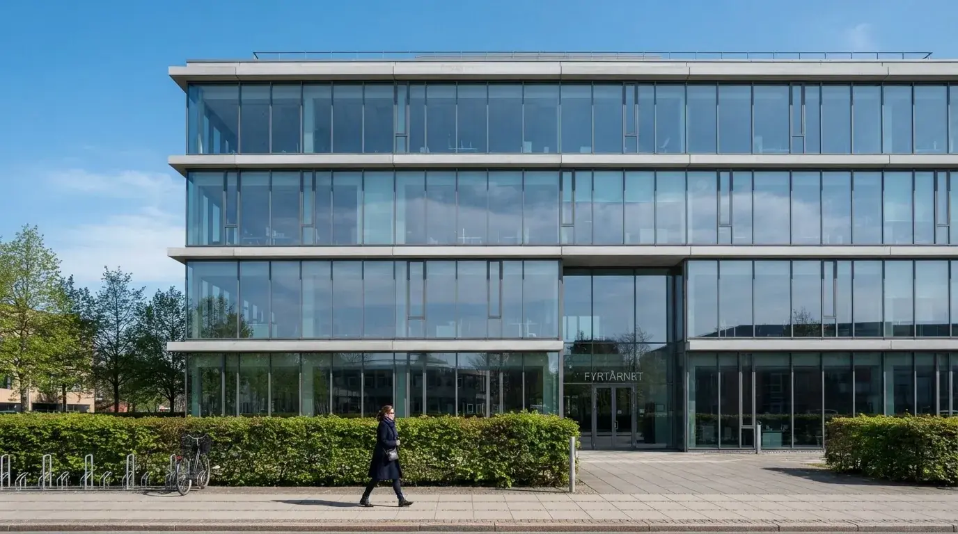 En moderne glasbygning i Ørestad en lys dag med en fodgænger i forgrunden og blå himmel bag facaden.