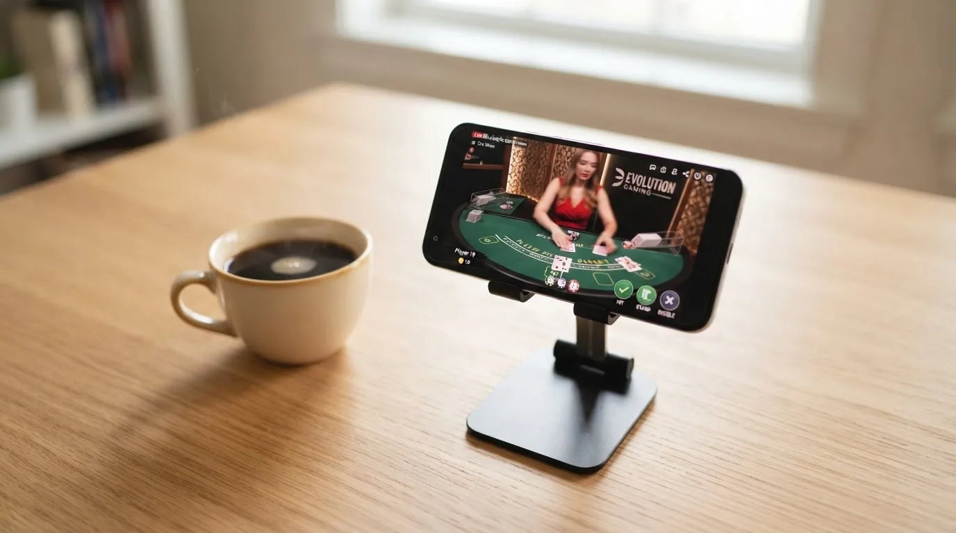 En smartphone på et stativ viser en uskarp videostream af et spillebord, mens en kaffekop står ved siden af på et skrivebord.