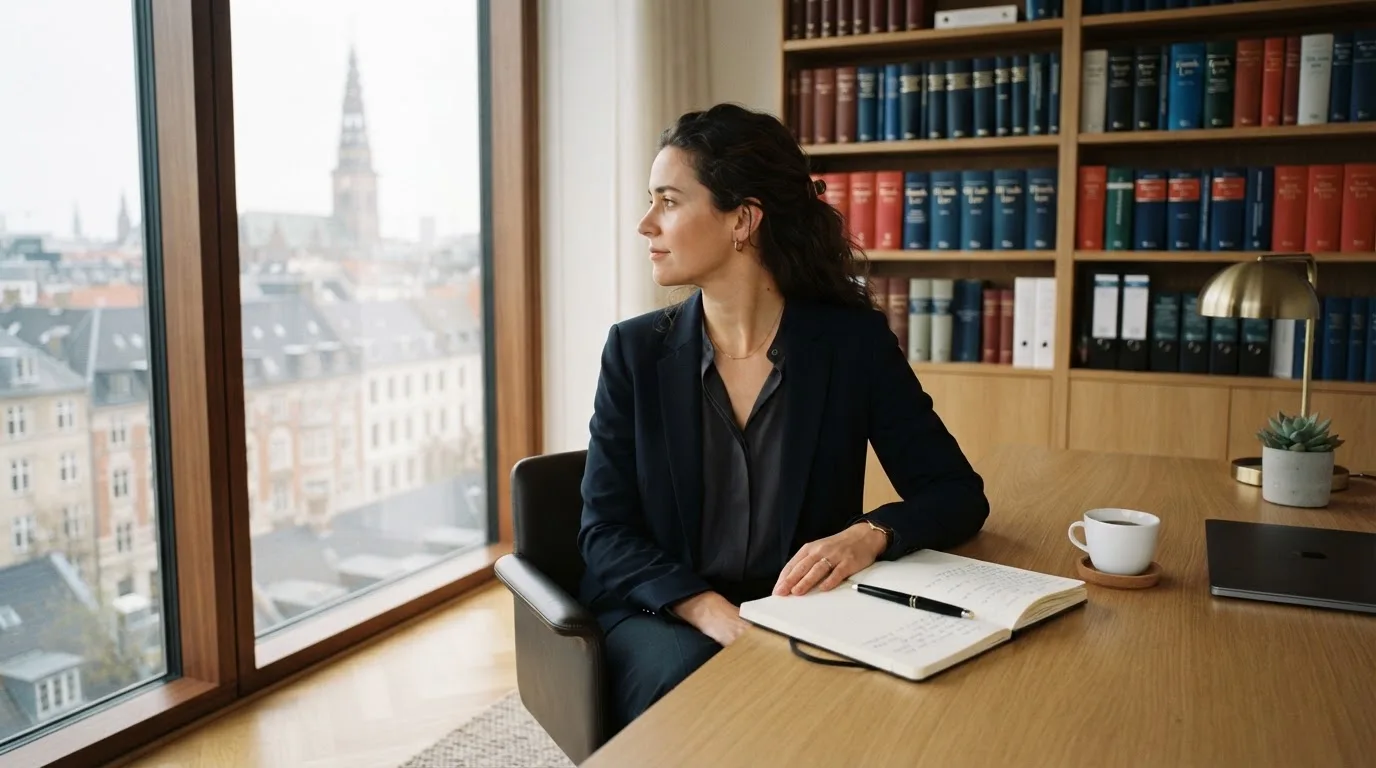 Jurist sidder ved et skrivebord i et lyst københavnsk kontor med reol, kaffekop og store vinduer og kigger eftertænksomt ud.
