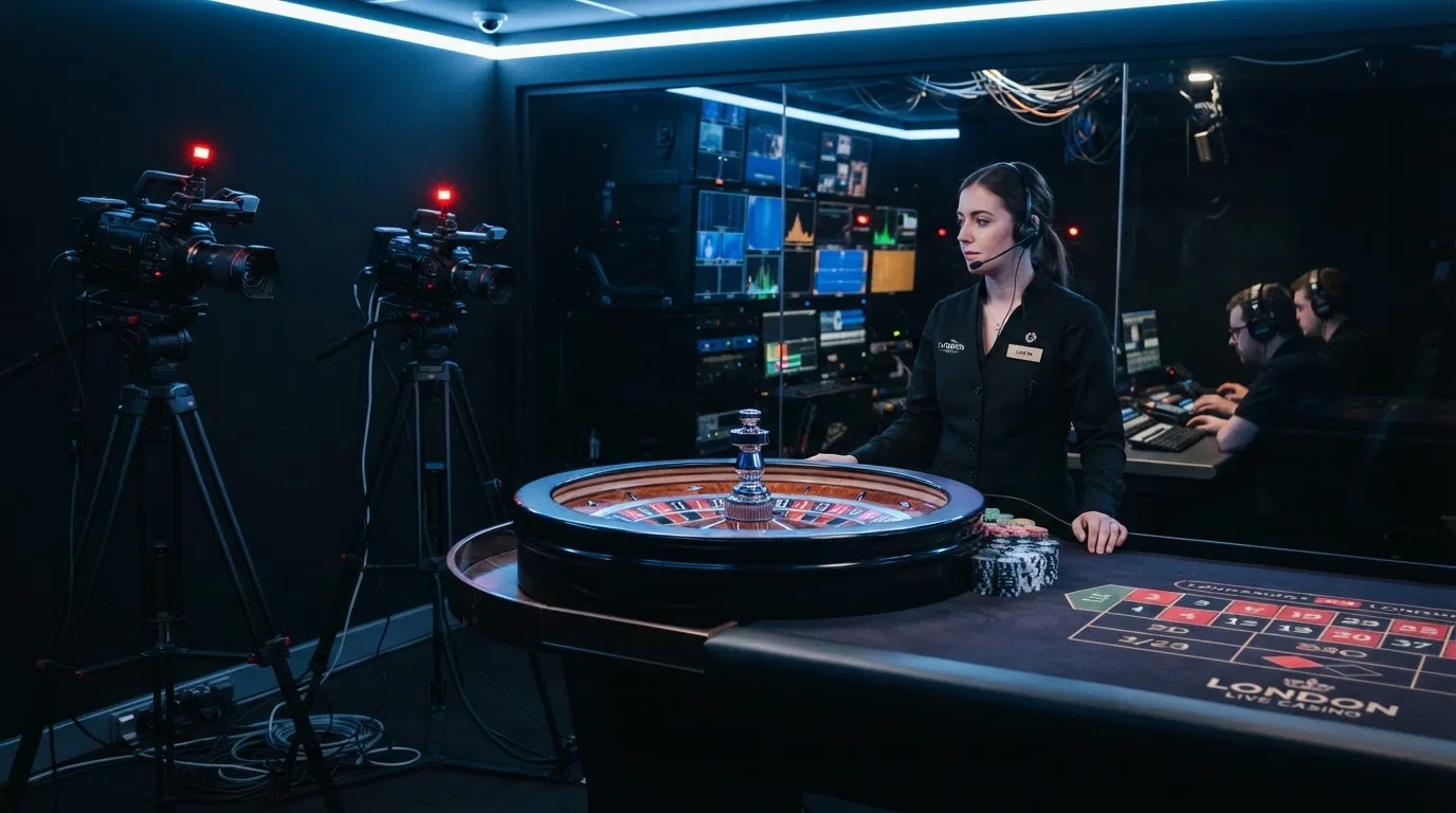 Kameraer på stativer og et roulettehjul midt i et mørkt livecasino-studie med en dealer i uniform, set fra siden i blåligt lys.