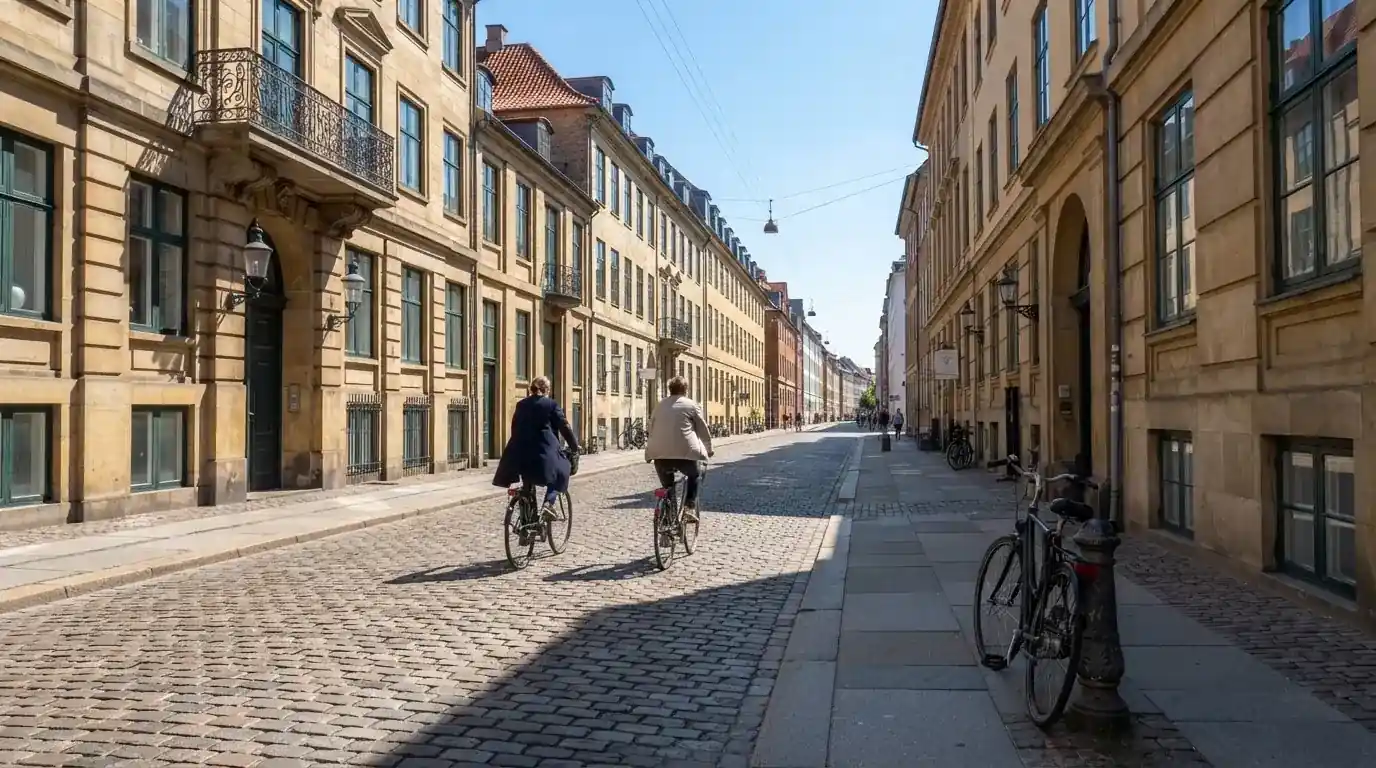 Københavnsk gade med klassiske sandstensbygninger og cyklister i klart vejr, set fra fortovet.