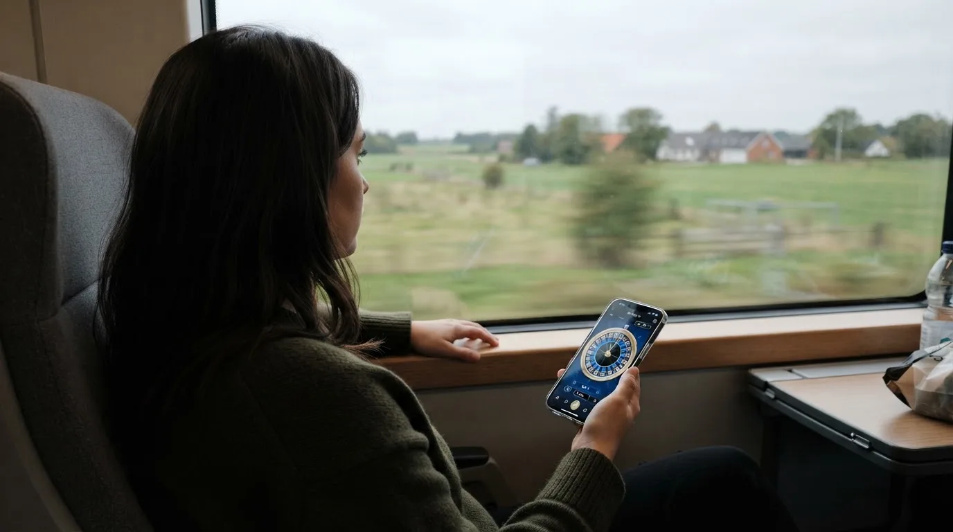 Kvinde på toget ser ud ad vinduet med mobilen i hånden, mens landskabet suser forbi i eftermiddagslys.
